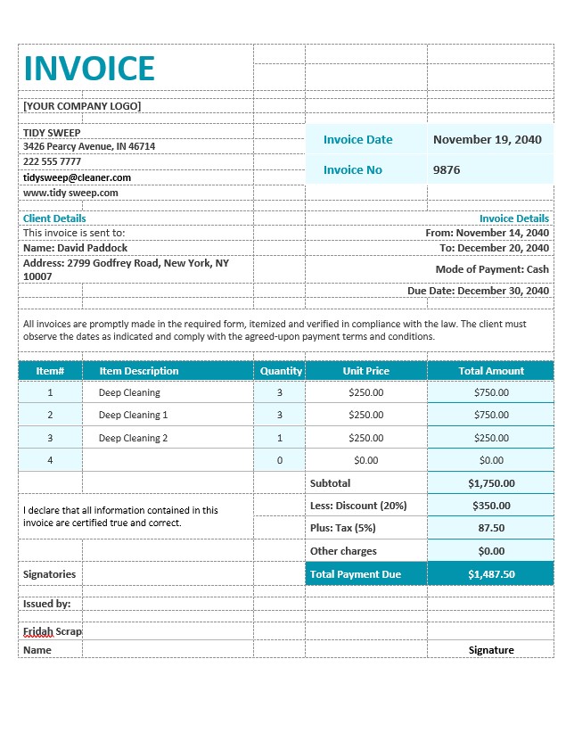 Residential Cleaning Invoice Template PSD template